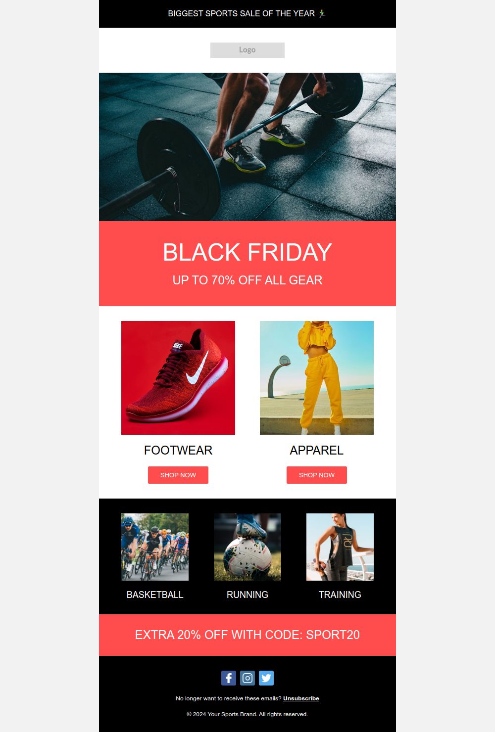 Prévia do modelo de email Esportes Black Friday