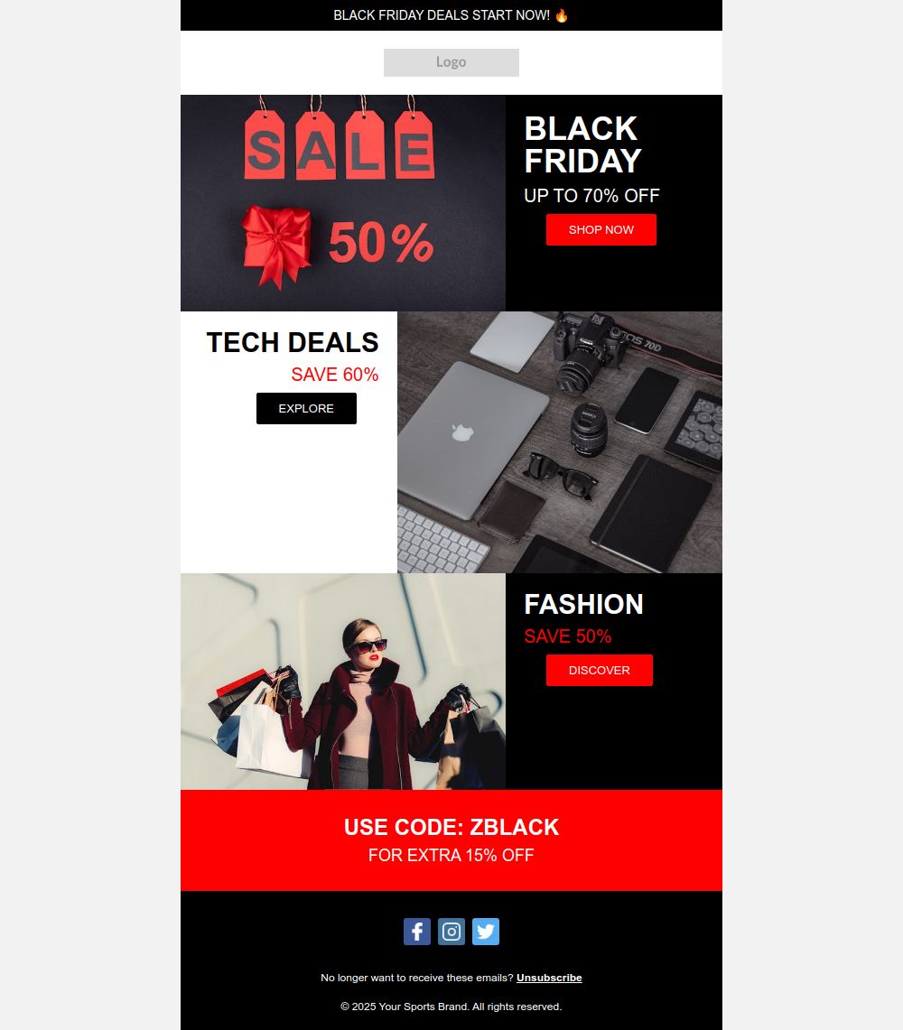 Prévia do modelo de email Promoção de Tecnologia e Moda da Black Friday