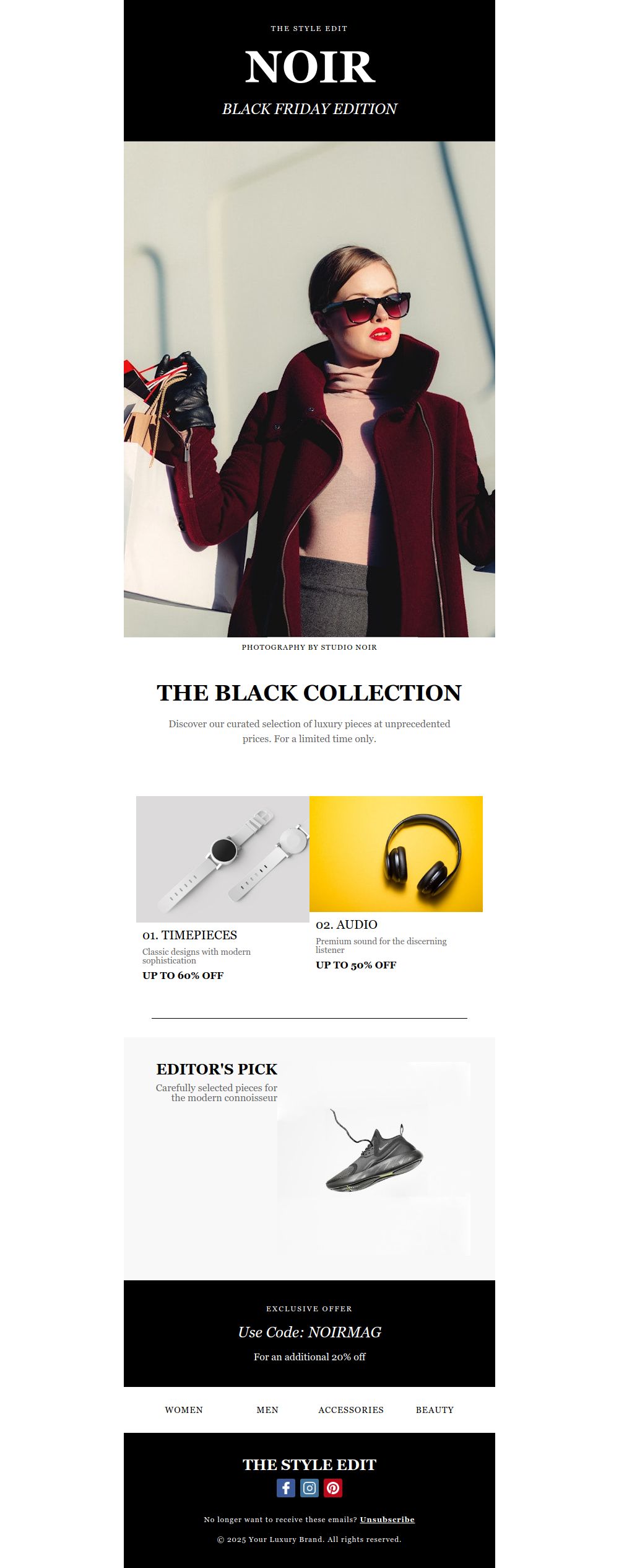 Prévia do modelo de email Edição Noir de Moda Black Friday