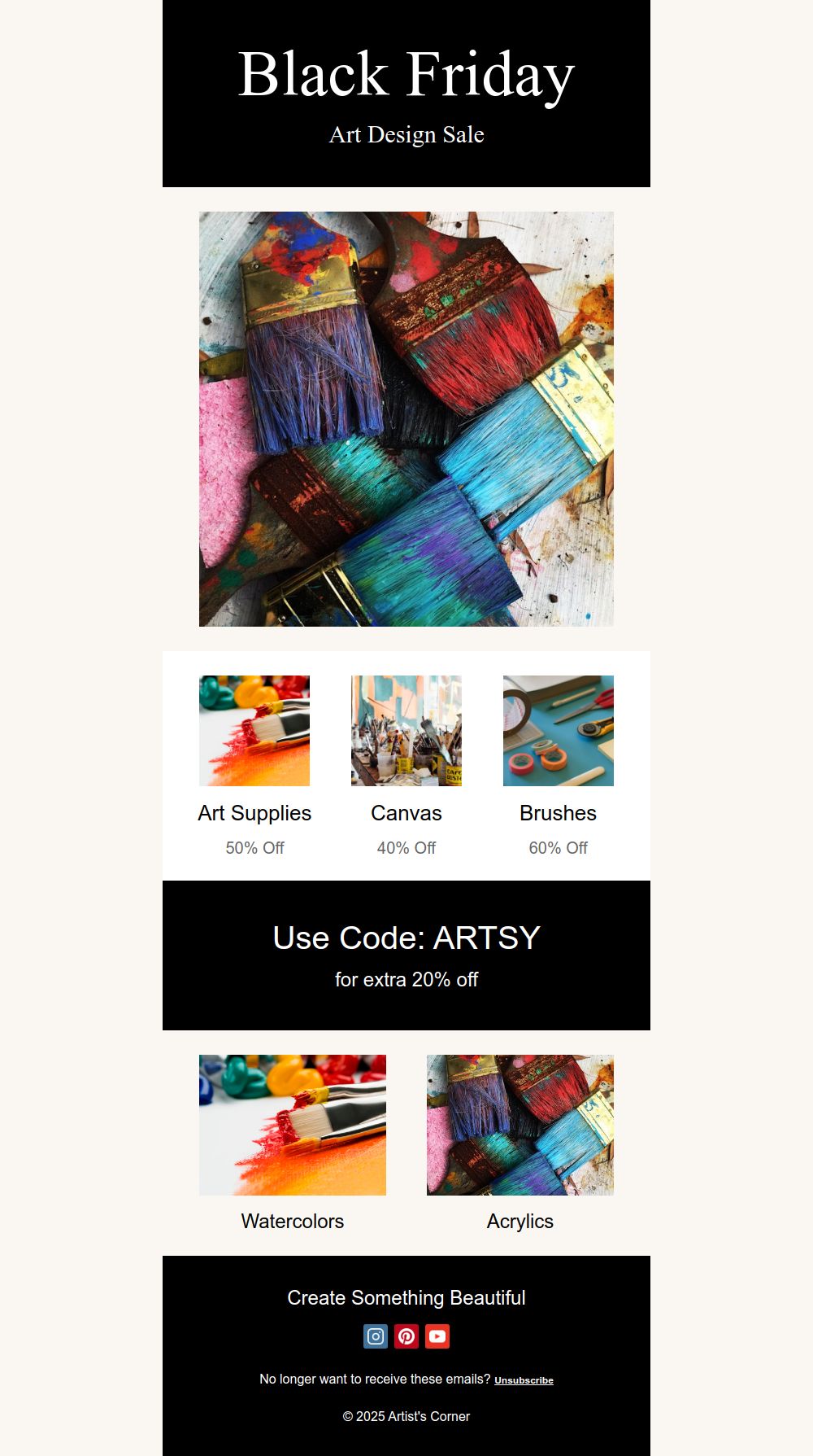 Vista previa de la plantilla de email Venta de Arte de Black Friday