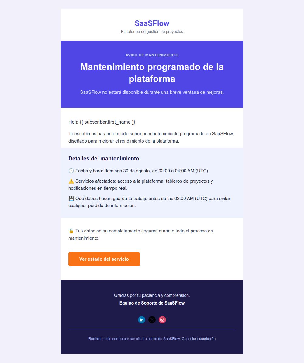 Prévia do modelo de email Aviso de manutenção programada