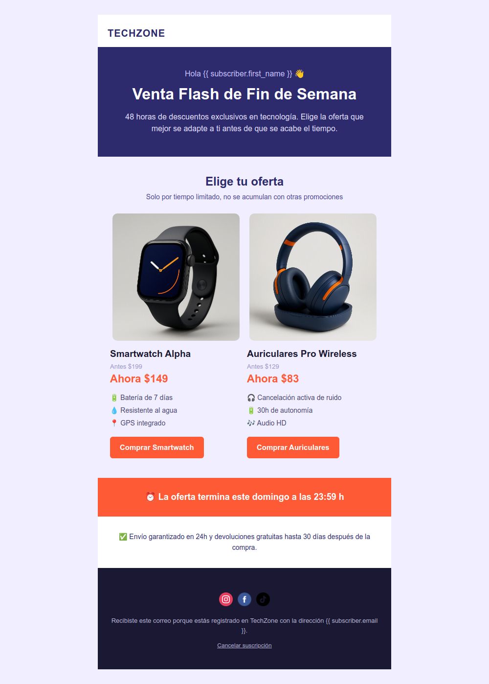 Vista previa de la plantilla de email Venta flash dos productos