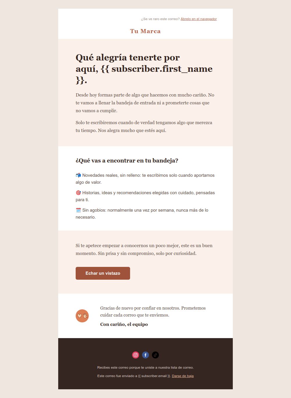 Preview of the Warm welcome email email template