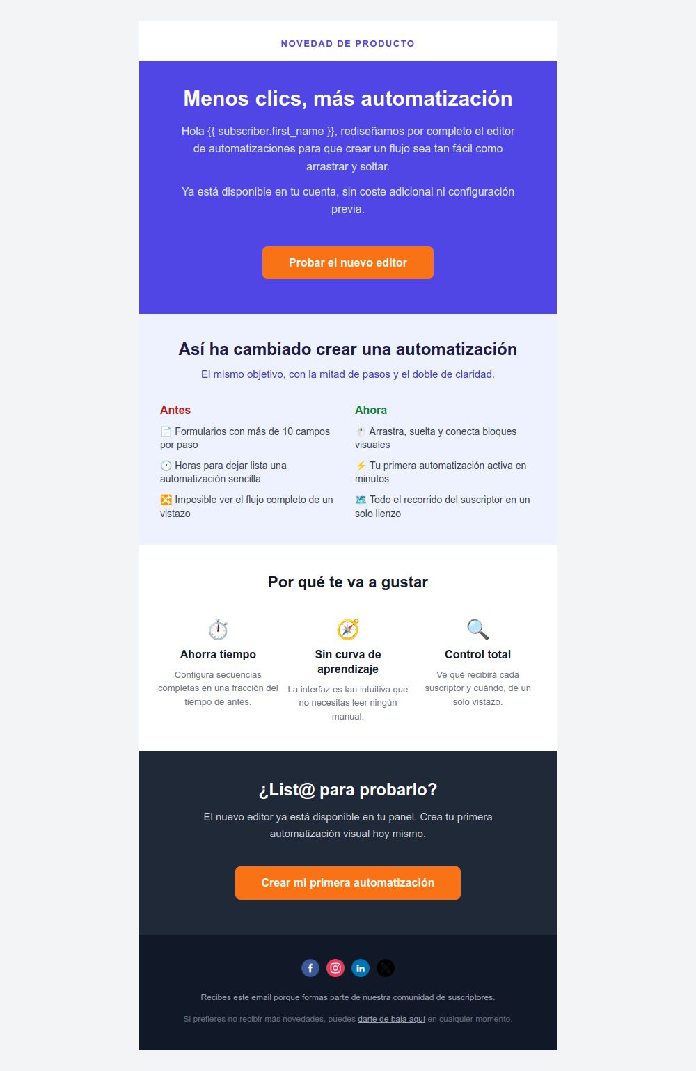 Preview of the Product update announcement email template
