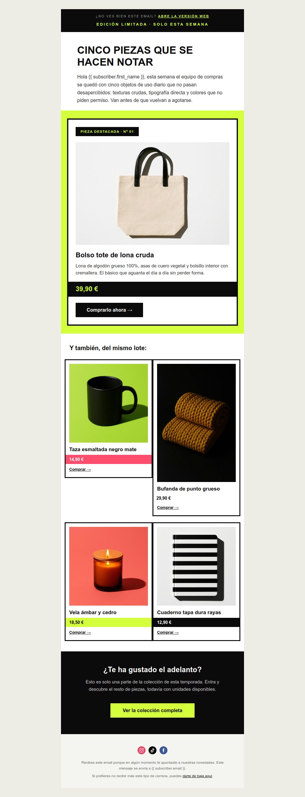 Preview of the Neobrutalist product catalog email template