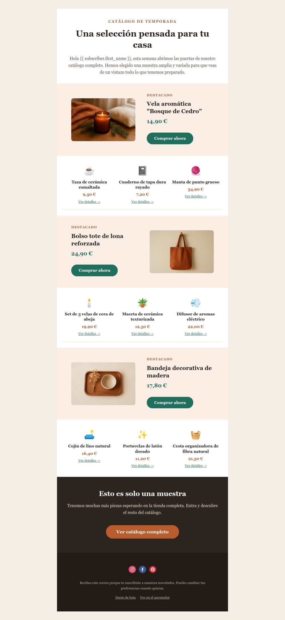 Preview of the Product Catalog Showcase email template