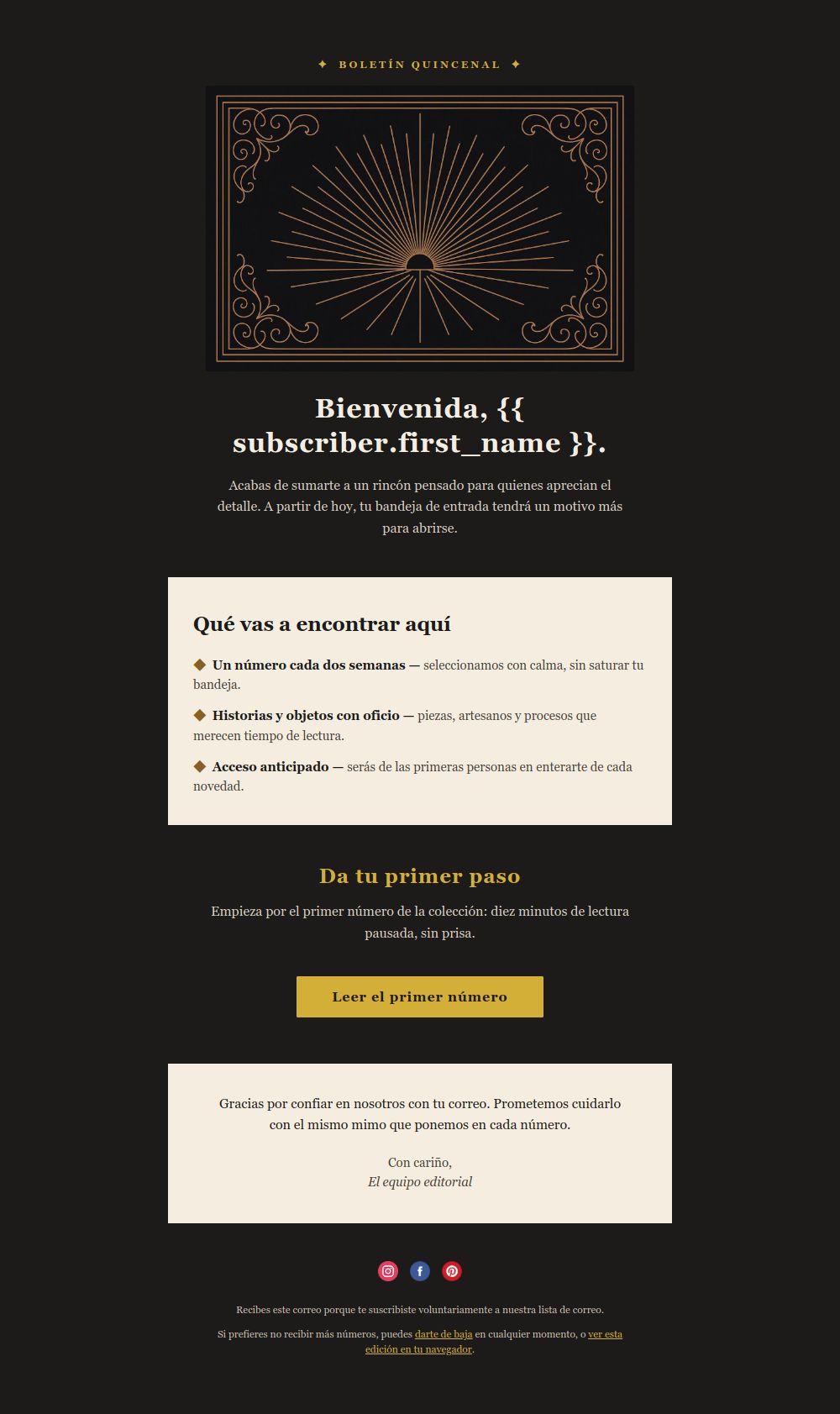 Prévia do modelo de email Boas-vindas Art Déco