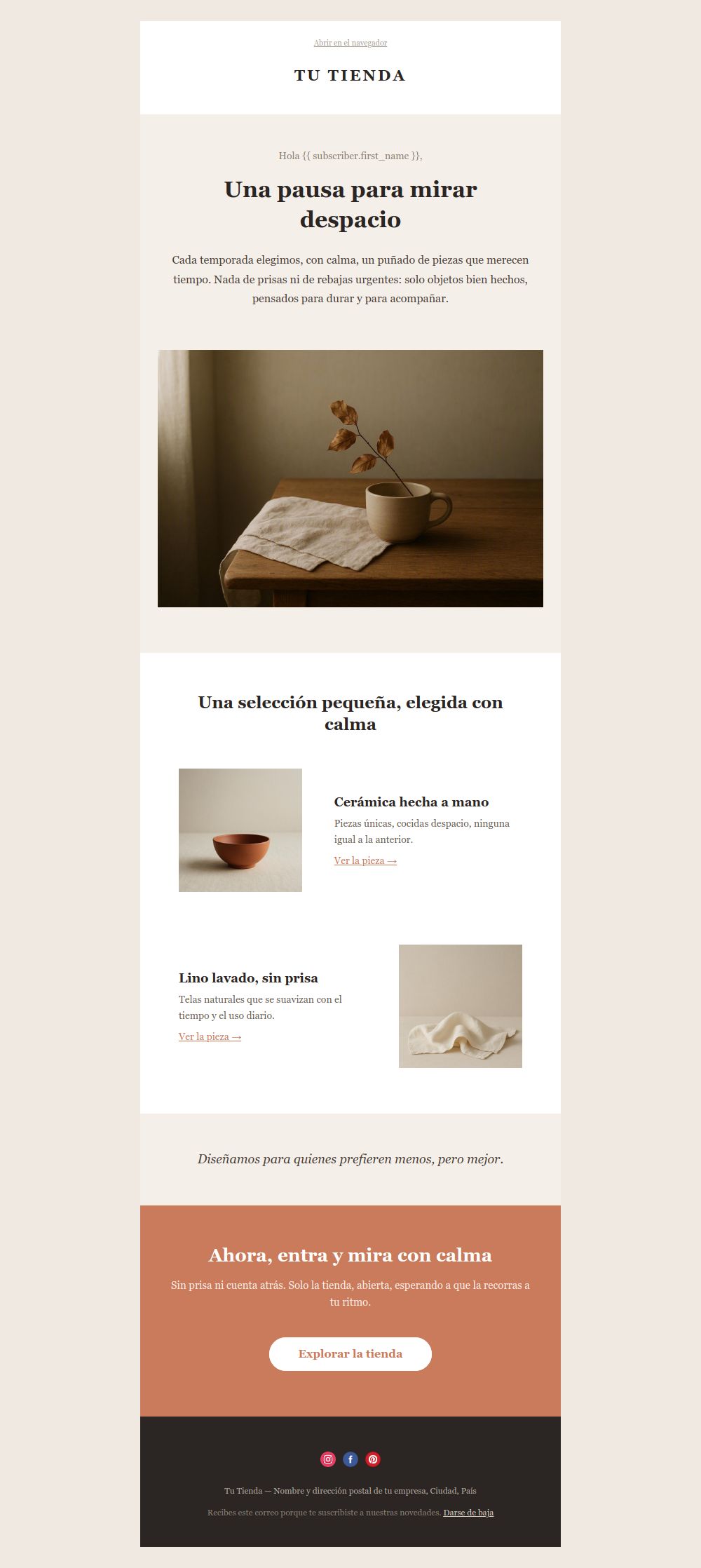 Preview of the Calm Store Showcase email template