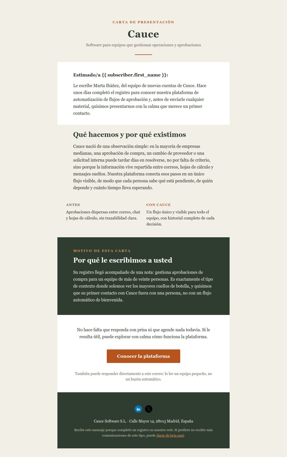 Preview of the Institutional welcome letter email template
