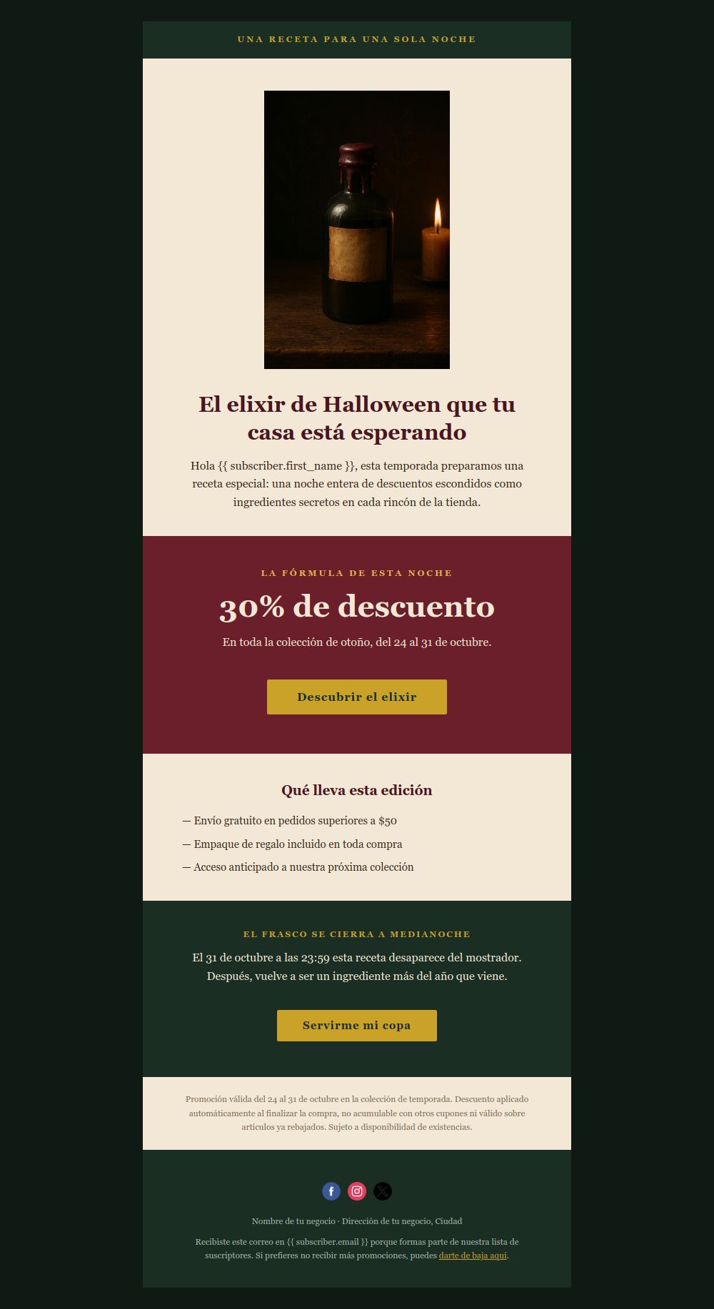 Preview of the Halloween potion promo email template