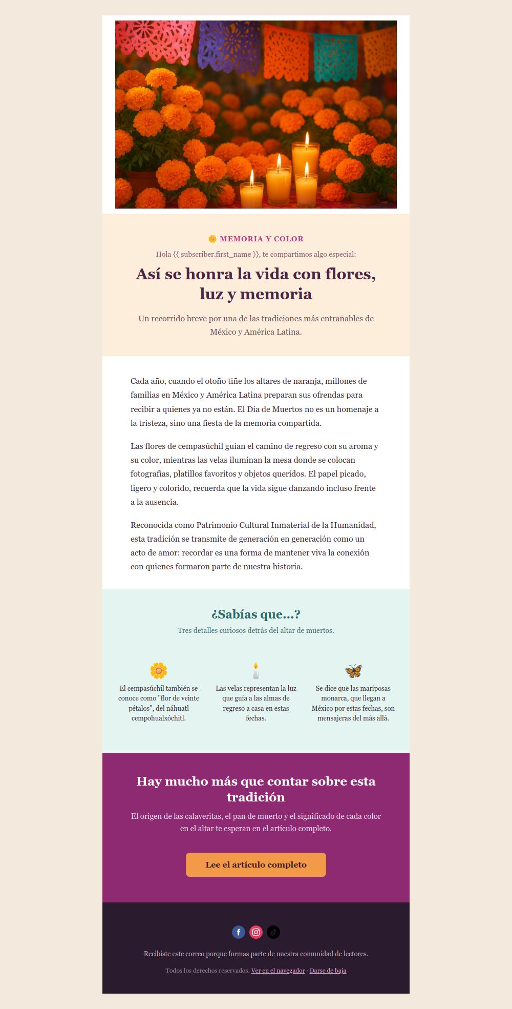 Preview of the Día de Muertos tribute newsletter email template
