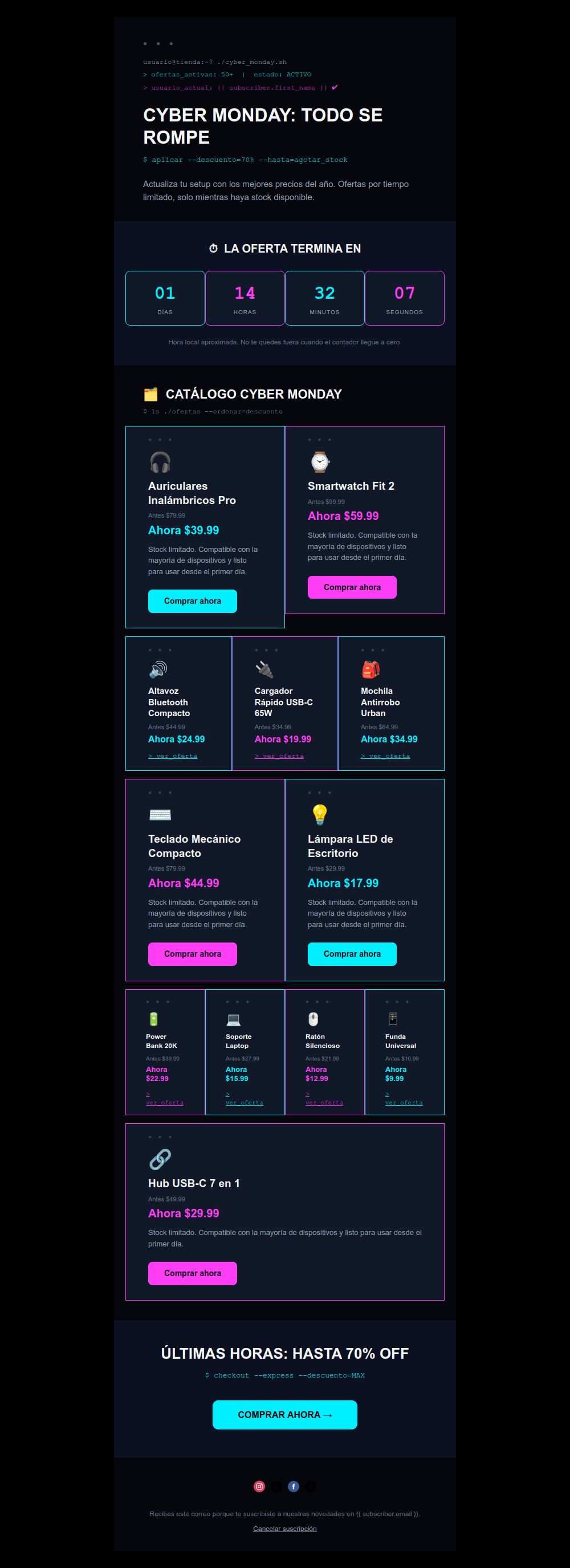Preview of the Cyber Monday terminal catalog email template