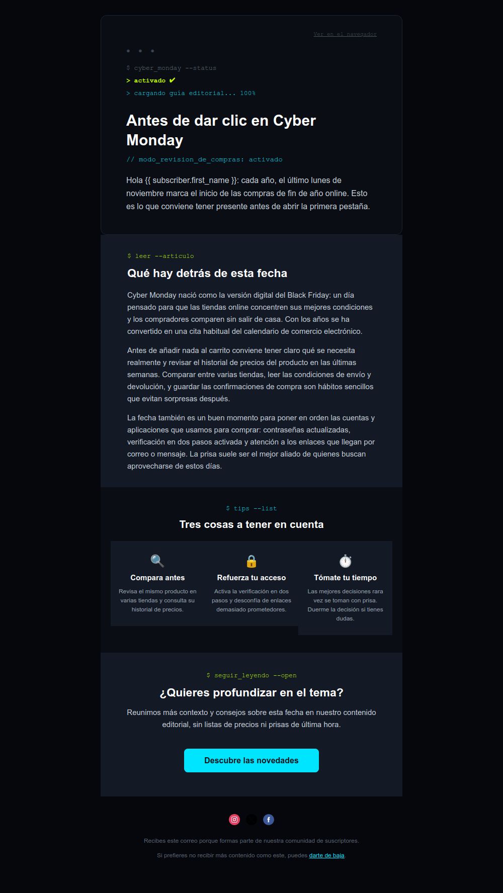 Preview of the Cyber Monday terminal digest email template