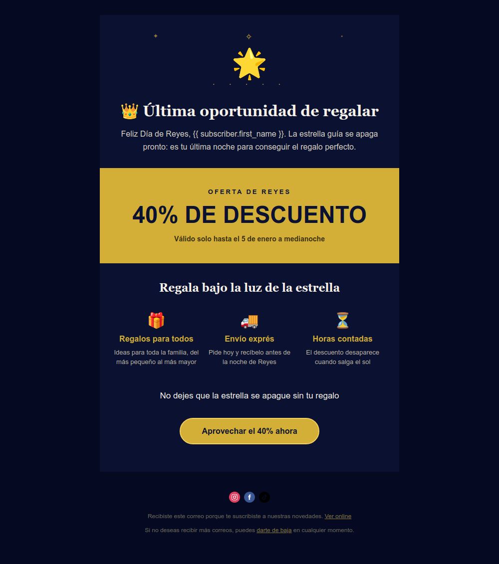 Prévia do modelo de email Oferta noturna Dia de Reis