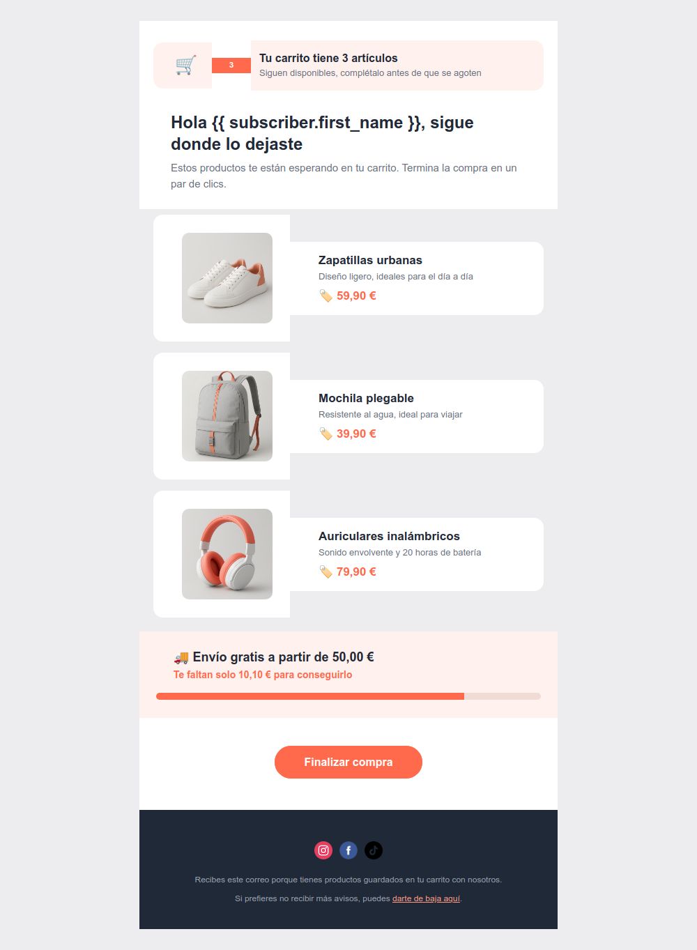 Preview of the Cart reminder showcase email template