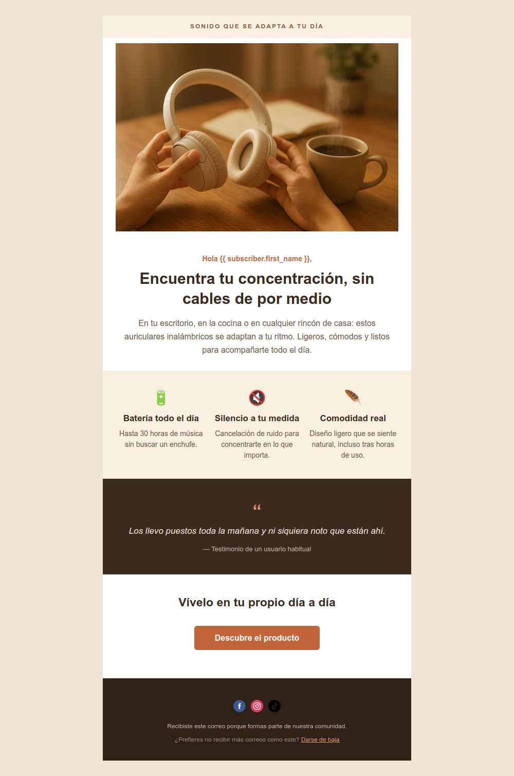 Prévia do modelo de email Produto em uso real
