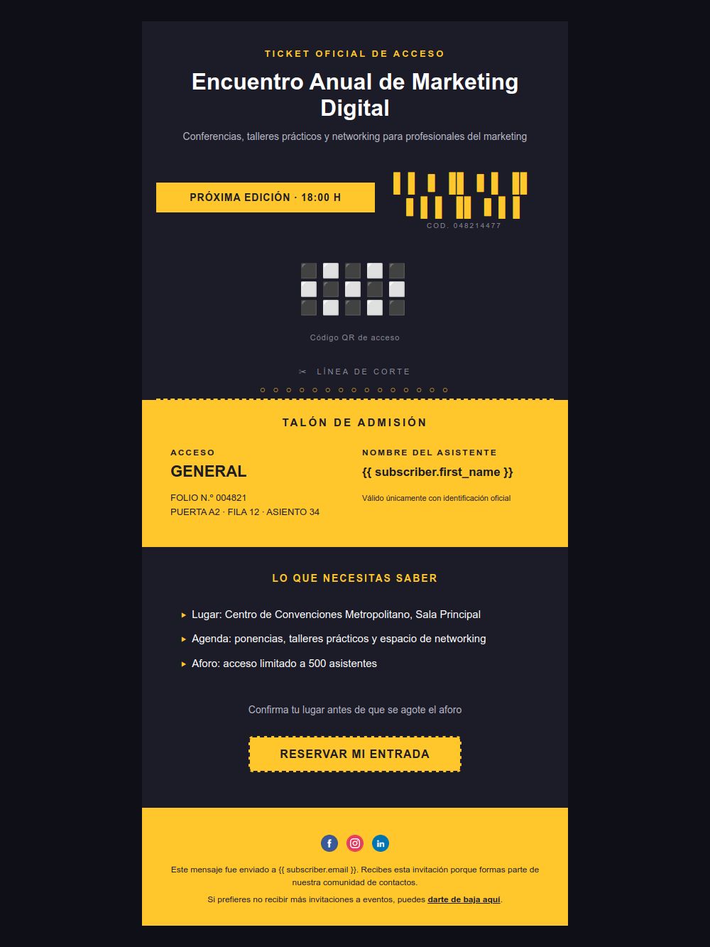 Preview of the Event ticket invitation email template