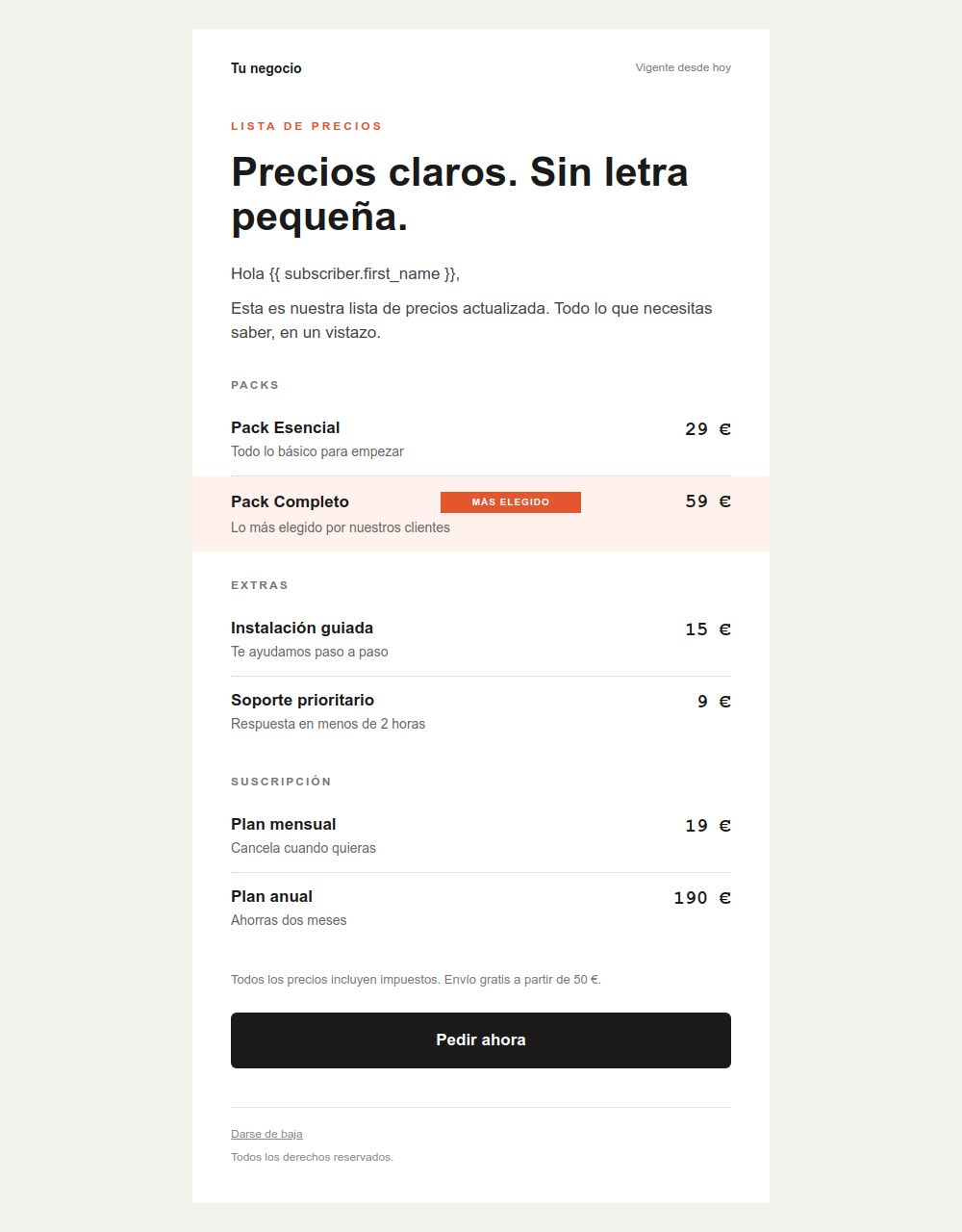 Prévia do modelo de email Lista de preços minimalista