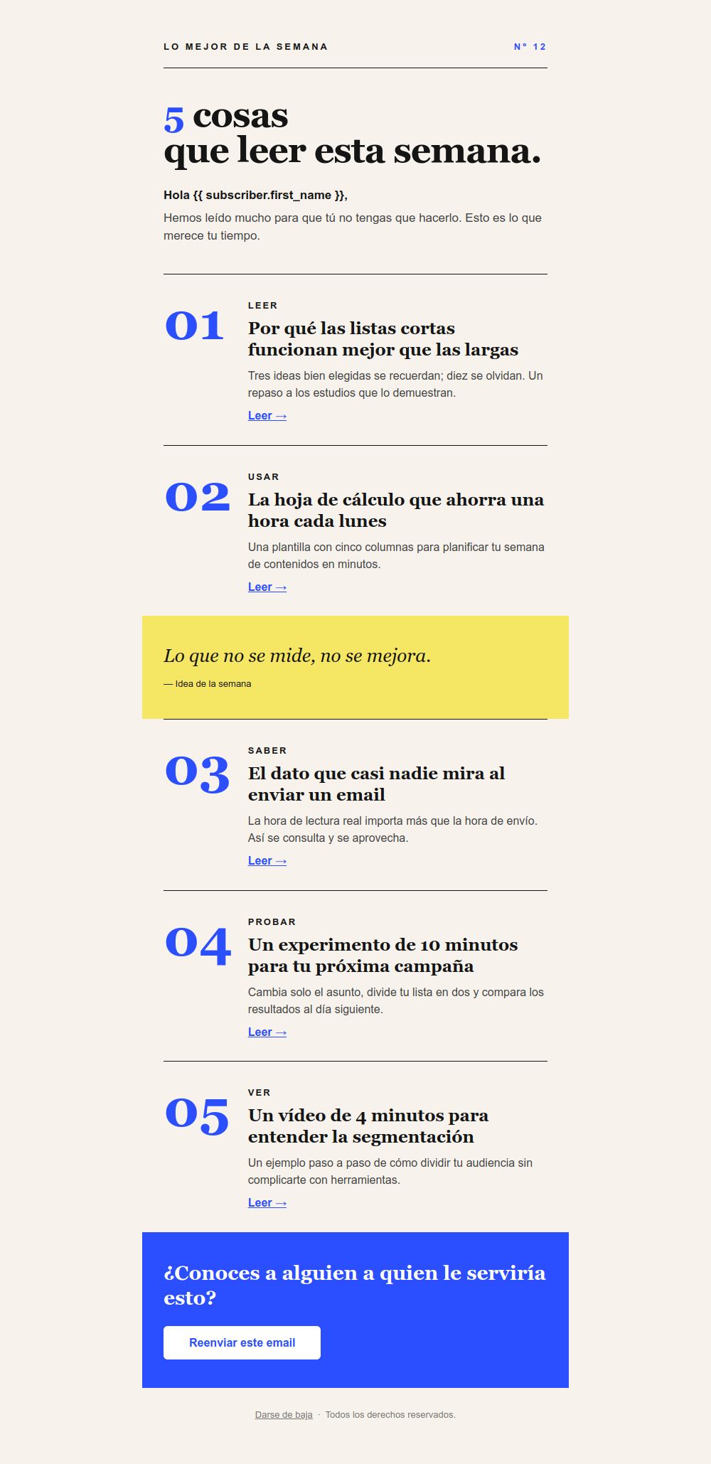 Preview of the Curated reading digest email template