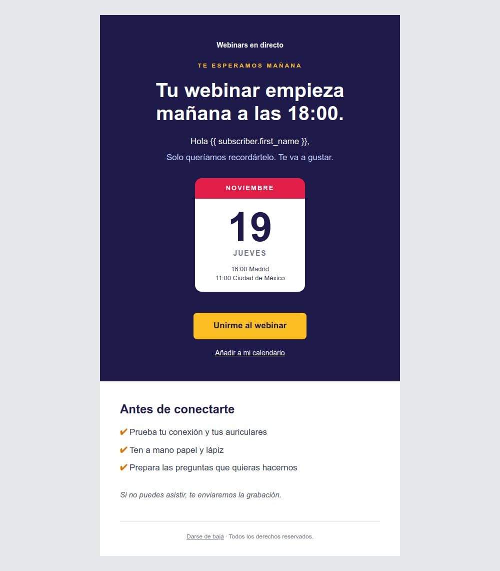 Preview of the Webinar reminder email template