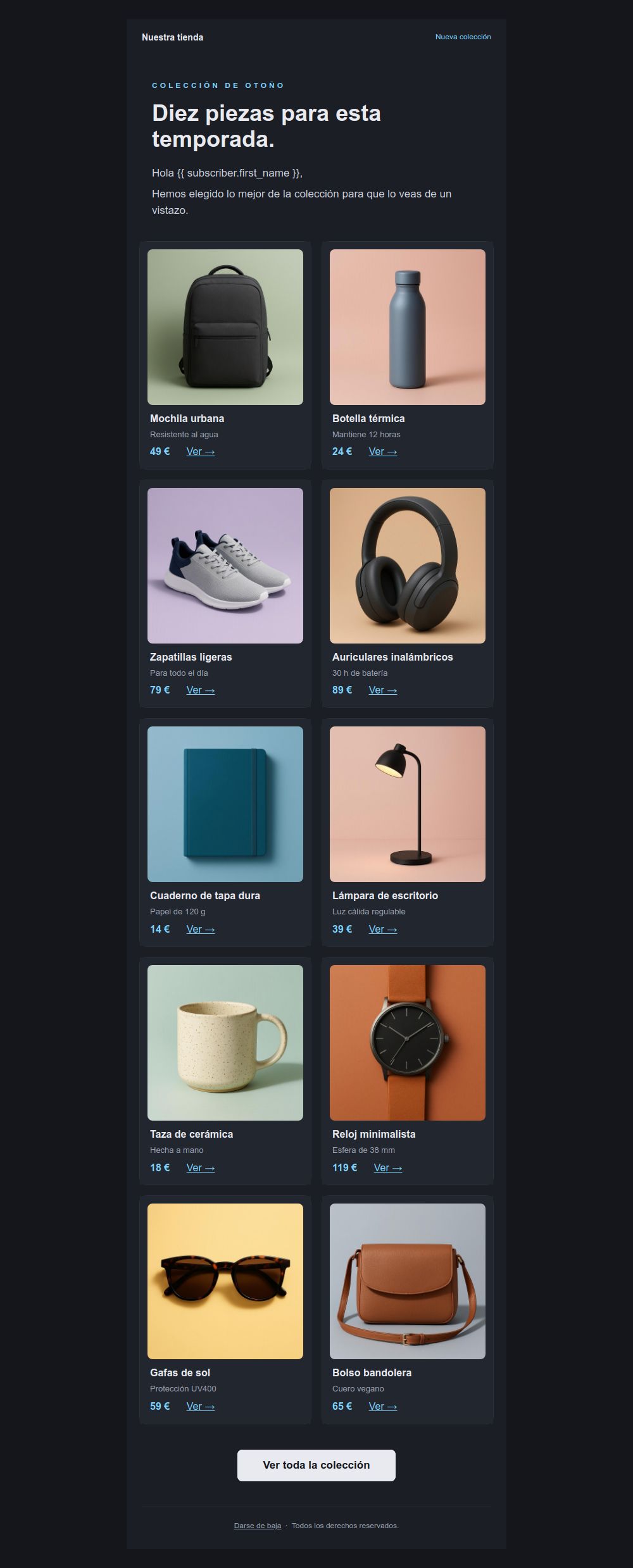 Preview of the Dark product catalog email template