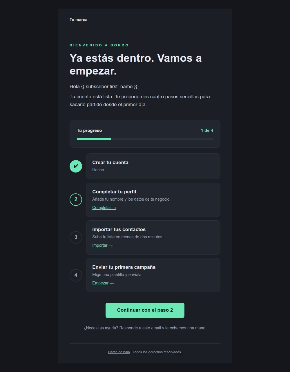 Prévia do modelo de email Boas-vindas com checklist