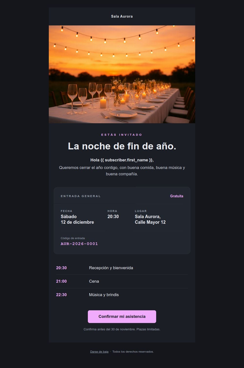 Preview of the Night event invitation email template