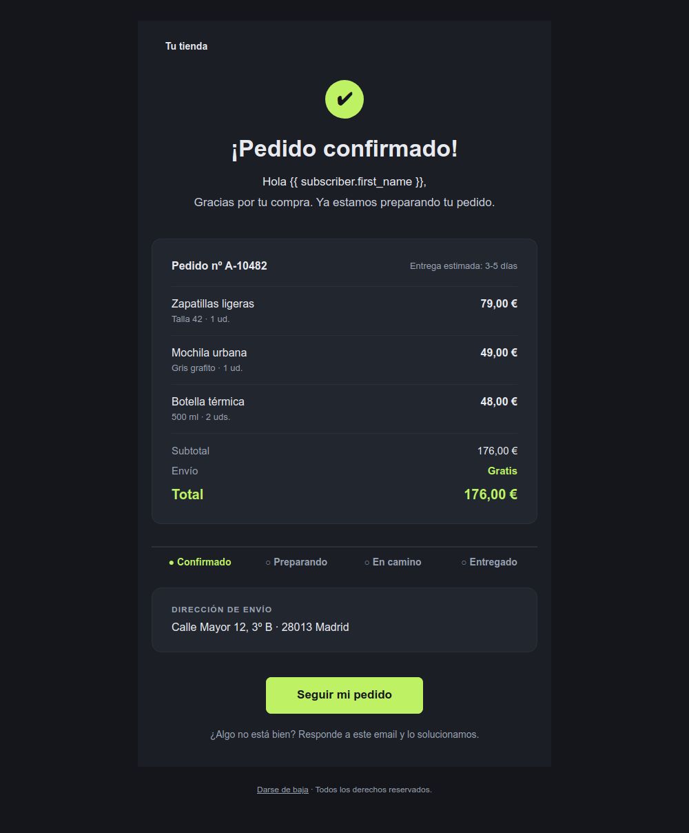 Preview of the Order confirmation (dark) email template