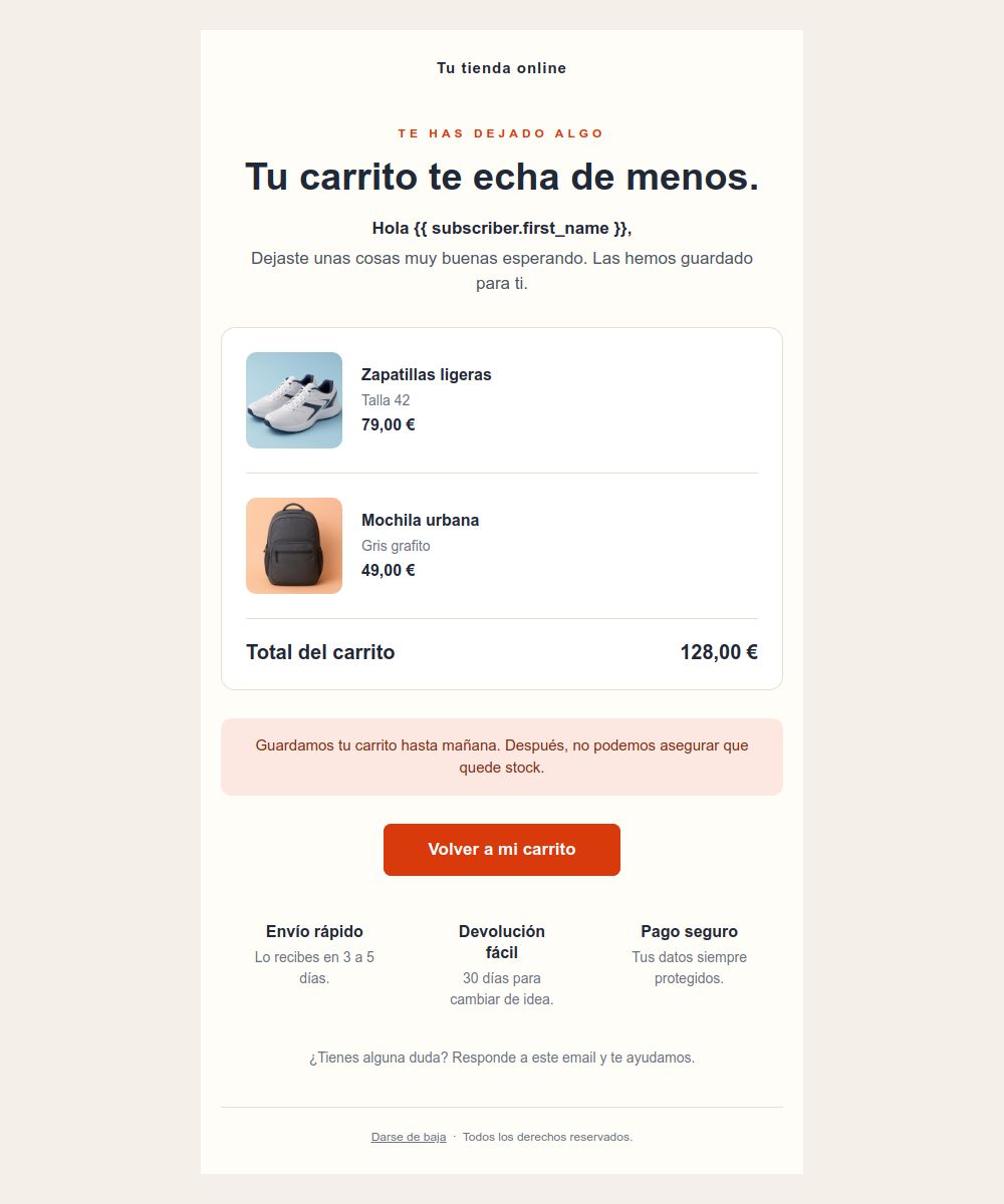 Prévia do modelo de email Carrinho abandonado