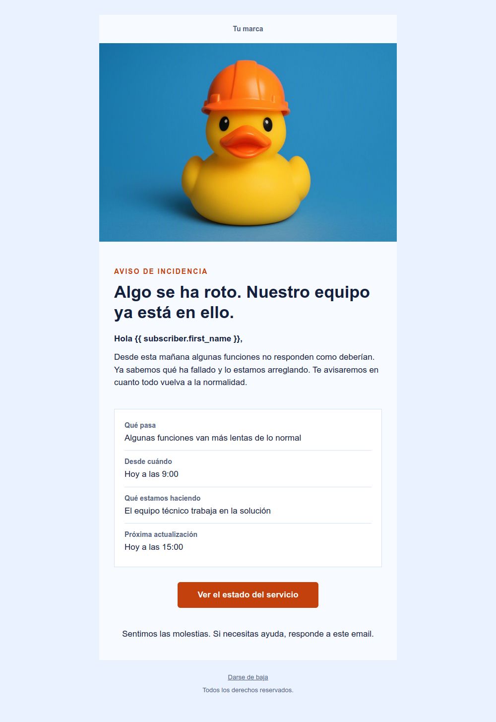 Preview of the Incident notice email template