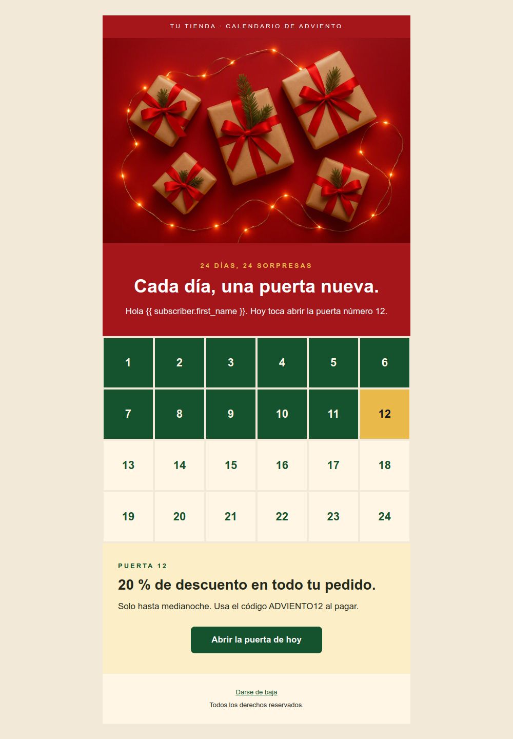 Preview of the Advent calendar email template