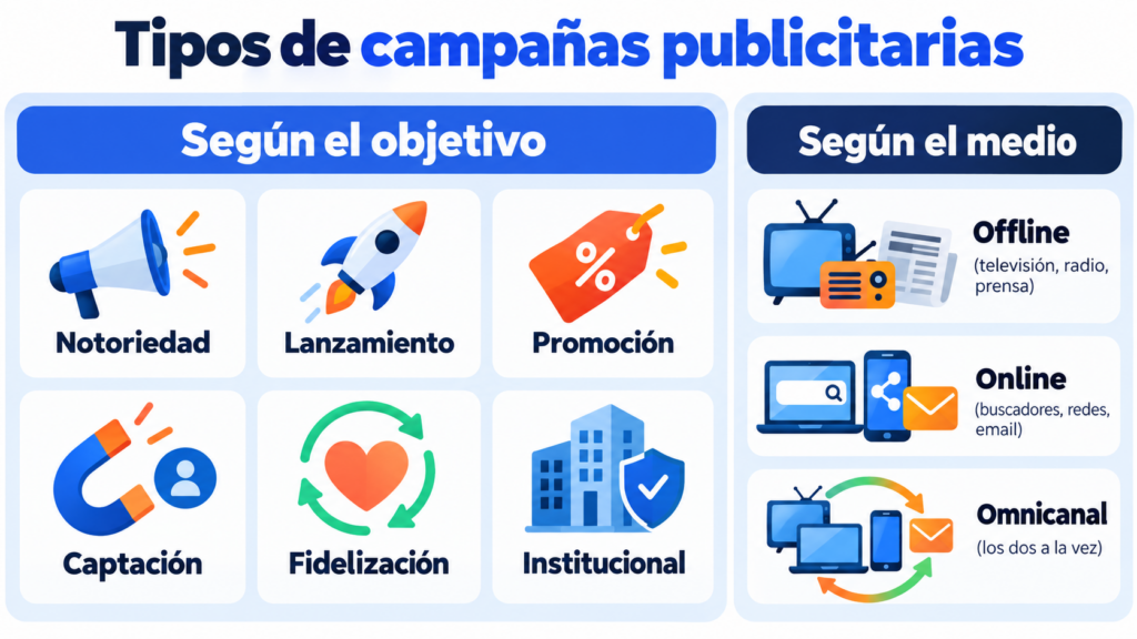 Types of advertising campaigns by goal (awareness, launch, promotional, lead generation, loyalty and institutional) and by channel (offline, online and omnichannel)