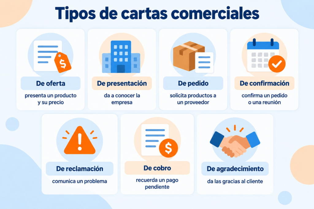Infografía con los tipos de cartas comerciales: de oferta, de presentación, de pedido, de confirmación, de reclamación, de cobro y de agradecimiento