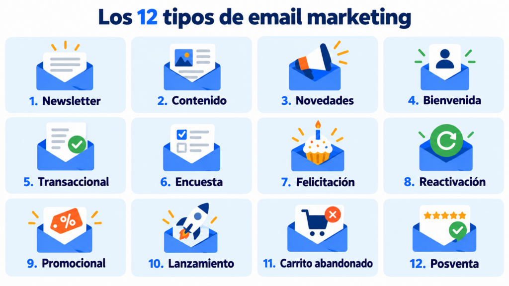 The 12 types of email marketing: newsletter, content, news, welcome, transactional, survey, greetings, re-engagement, promotional, launch, abandoned cart and post-purchase