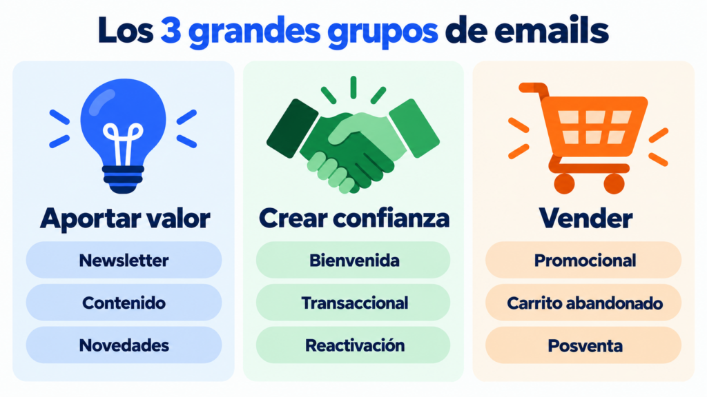 The 3 main groups of emails: to add value, to build trust and to sell