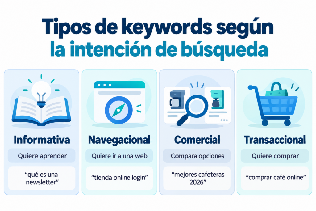 Infographic of the types of keywords by search intent: informational, navigational, commercial and transactional, with an example of each