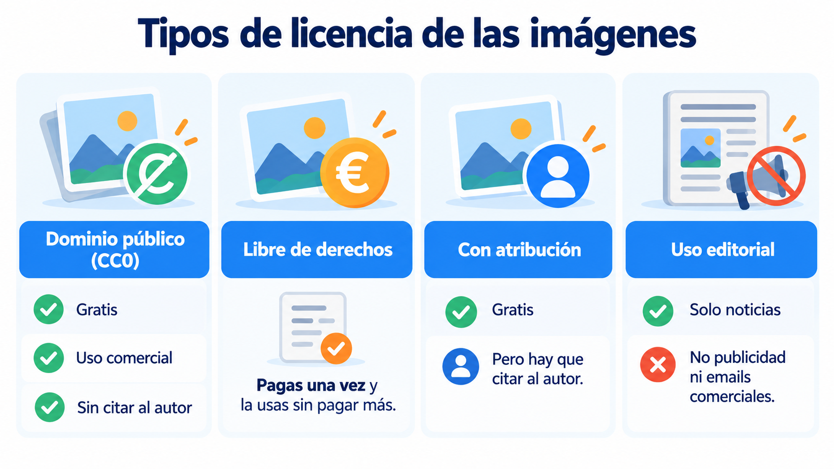 Tipos de licencia de las imágenes: dominio público, libre de derechos, con atribución y uso editorial