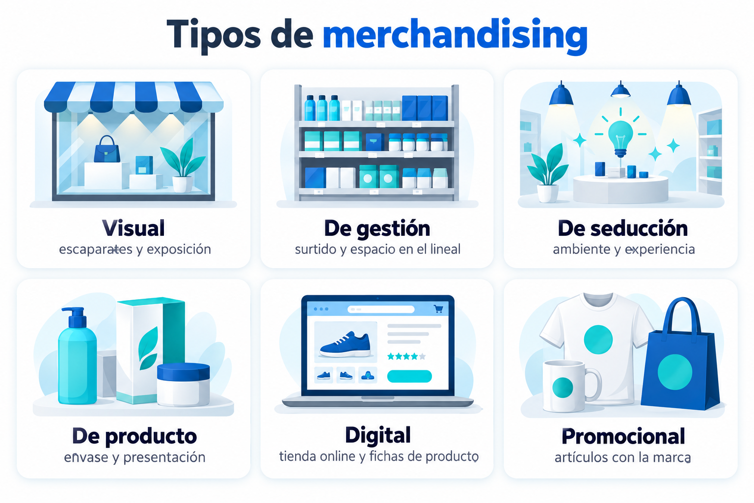 Infografía de los tipos de merchandising: visual, de gestión, de seducción, de producto, digital y promocional