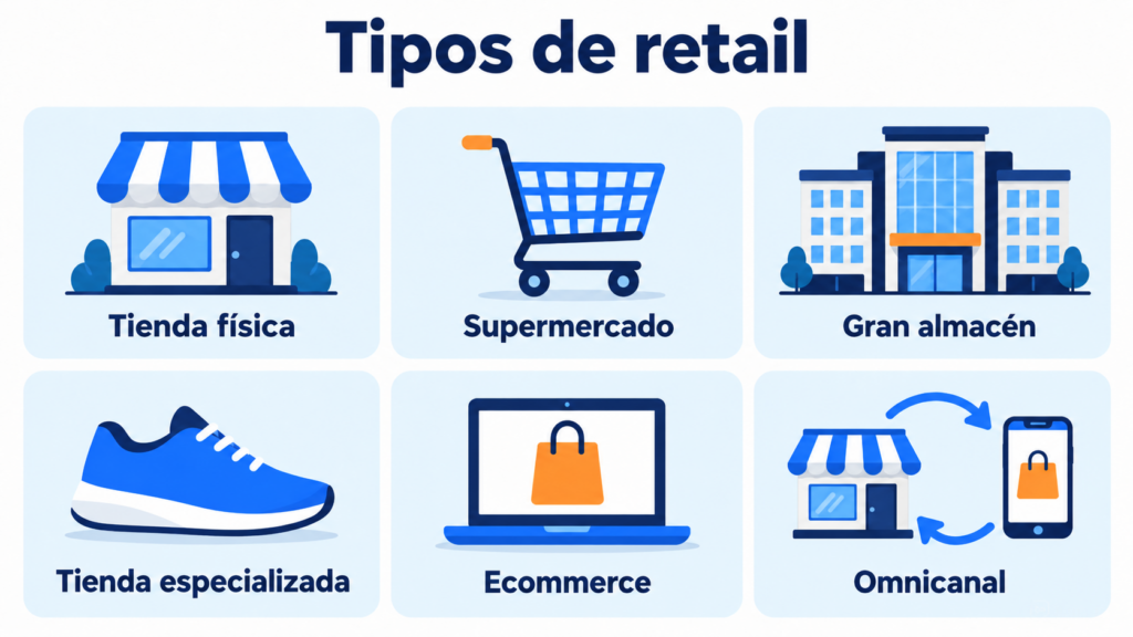 Types of retail: physical store, supermarket, department store, specialty store, ecommerce and omnichannel
