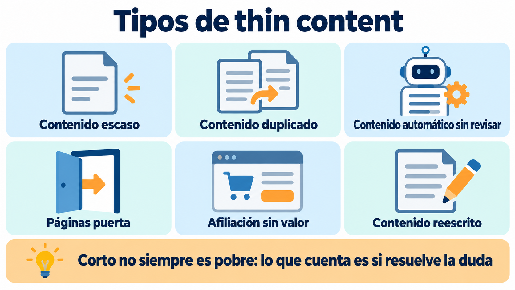 Infográfico dos tipos de thin content: conteúdo escasso, duplicado, automático sem revisão, páginas de entrada, afiliação sem valor e conteúdo reescrito