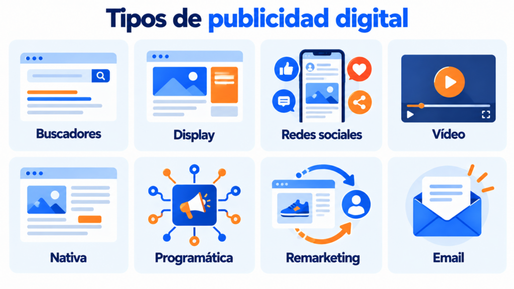 Types of digital advertising: search, display, social media, video, native, programmatic, remarketing and email