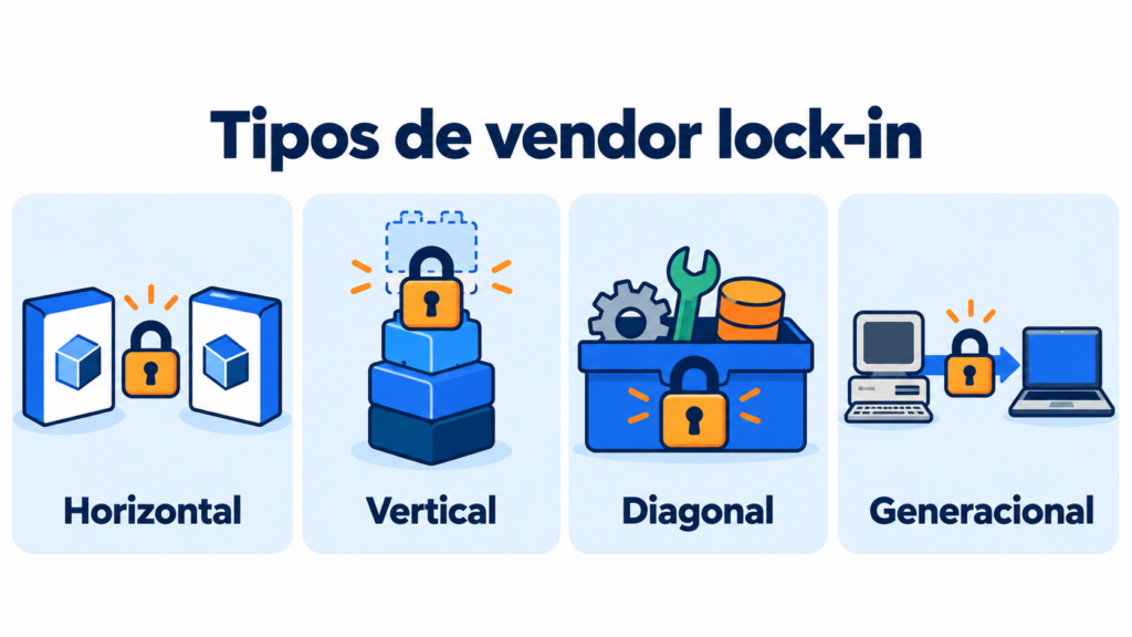 Infographic of the 4 types of vendor lock-in: horizontal, vertical, diagonal and generational