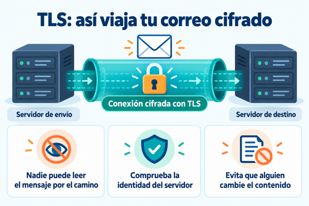 TLS: conexão criptografada entre o servidor de envio e o servidor de destino que protege o email pelo caminho