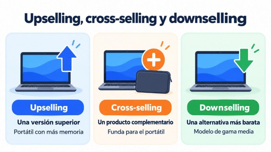 Upselling, cross-selling y downselling: versión superior, producto complementario y alternativa más barata, con el ejemplo de un portátil