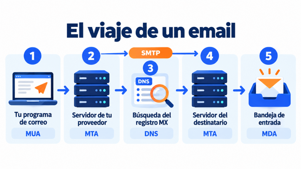 An email's journey: your email client (MUA) hands it to your provider's server, the MTA looks up the MX record, transfers it over SMTP to the recipient's MTA, and the MDA drops it in their inbox