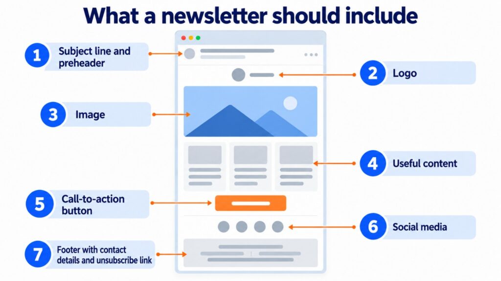 What a newsletter should include: subject line and preheader, logo, useful content, images, call to action, social media and a footer with contact details and an unsubscribe link