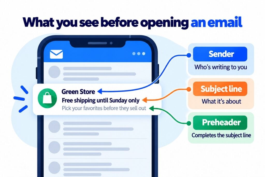 What the recipient sees in the inbox before opening an email: sender, subject line and preheader