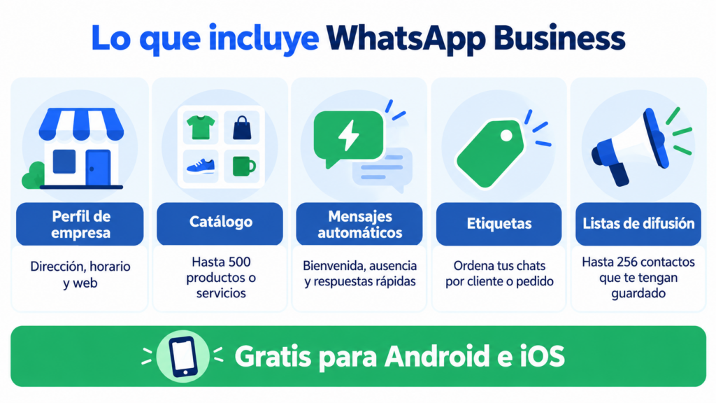 O que o WhatsApp Business inclui: perfil comercial, catálogo, mensagens automáticas, etiquetas e listas de transmissão