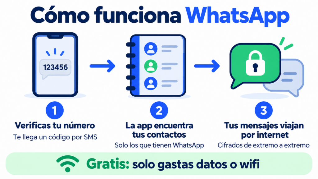 How WhatsApp works in 3 steps: you verify your number, the app finds your contacts and messages travel encrypted