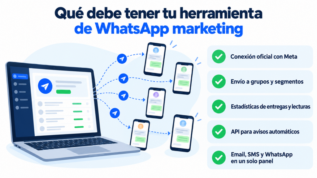What a WhatsApp marketing tool should have: Meta connection, segments, statistics, API and multichannel